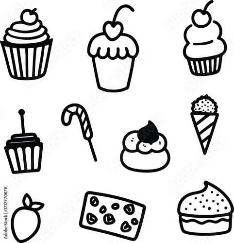 Whimsical hand drawn black and white dessert icons on white background cupcake muffin
