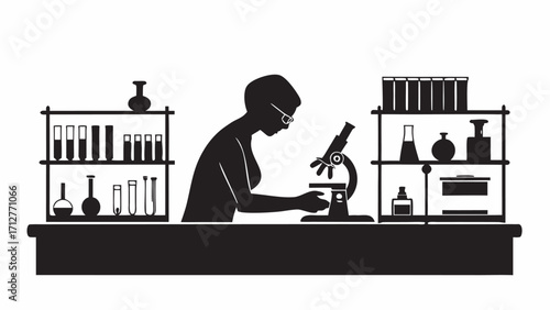 Silhouette of scientist working with microscope in lab with shelves of scientific glassware around her | editable eps vectors
