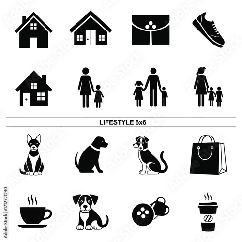 Lifestyle and domestic life vector icon set featuring family, pets, home, and leisure symbols for design elements