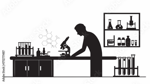 Silhouette of scientist working in laboratory with microscope and glassware on shelves and table top setup | editable eps vectors