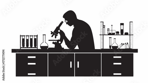 Silhouette of scientist working with microscope in laboratory with test tubes and glassware on shelves and desk | editable eps vectors