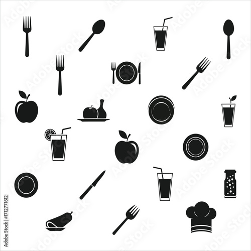 A seamless pattern of food and restaurant icons. Vector set of black silhouettes for dining, kitchen, and menu design on a white background
