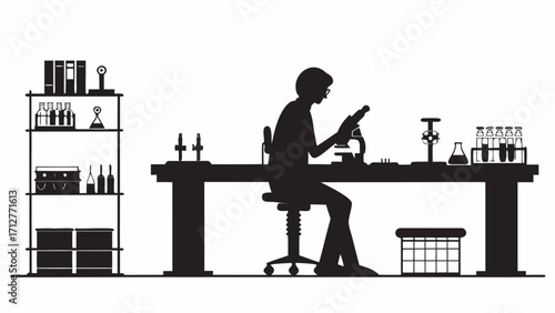 Silhouette of a scientist at a desk with a microscope and laboratory equipment on shelves and table | editable eps vectors