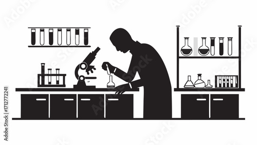 Silhouette of scientist working in laboratory with microscope and glassware on shelves in black and white | editable eps vectors