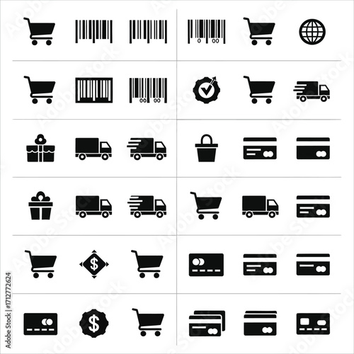 Comprehensive vector set of e-commerce icons for online shopping, digital payment, and delivery logistics, perfect for web and mobile application design and business interfaces