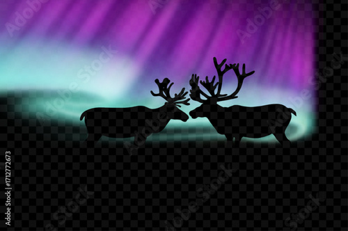 Northern Lights in the sky, silhouettes of reindeer against the backdrop of the Northern Lights on a transparent background. Aurora Borealis. Vector illustration.