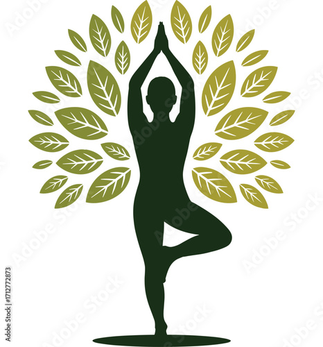 Silhouette of person in tree pose with green leaves forming a tree canopy yoga