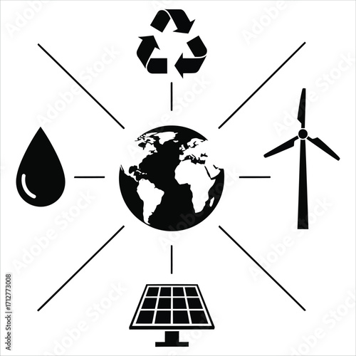 Global Earth illustration with symbols of sustainable living, renewable energy, and environmental protection, representing eco-friendly resource management for a green planet