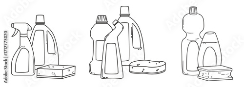 Collection of cleaning tools - bottles with household chemicals and sponges. Doodle vector illustration isolated on white background