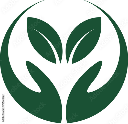 Green hands cradling two leaves in a circular emblem nature care
