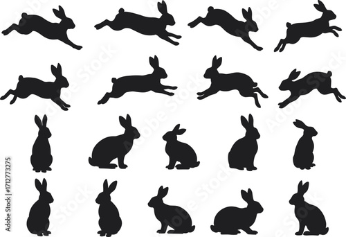 Black rabbit silhouette illustration set, animal vector design, bunny poses collection, wildlife art icons, leaping, running, sitting, crouching, lying down
