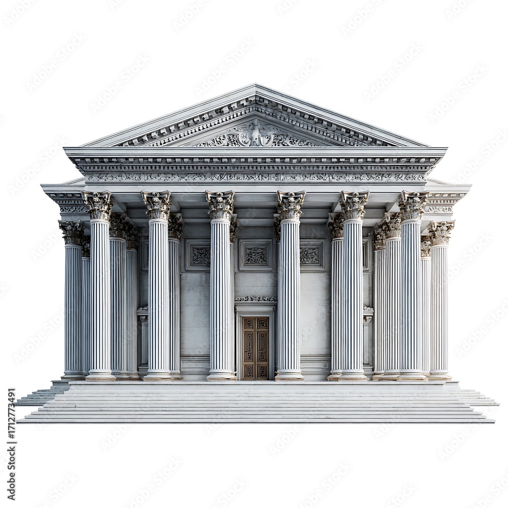 Obraz premium Majestic neoclassical building facade with columns and pediment representing justice and law isolated on white background