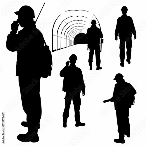 Silhouette of operator with walkie talkie communicating with tunnel team isolated on white background