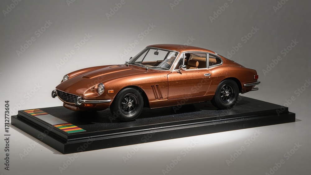 Obraz premium Classic brown vintage sports car on display stand with black wheels and tan interior under studio lighting