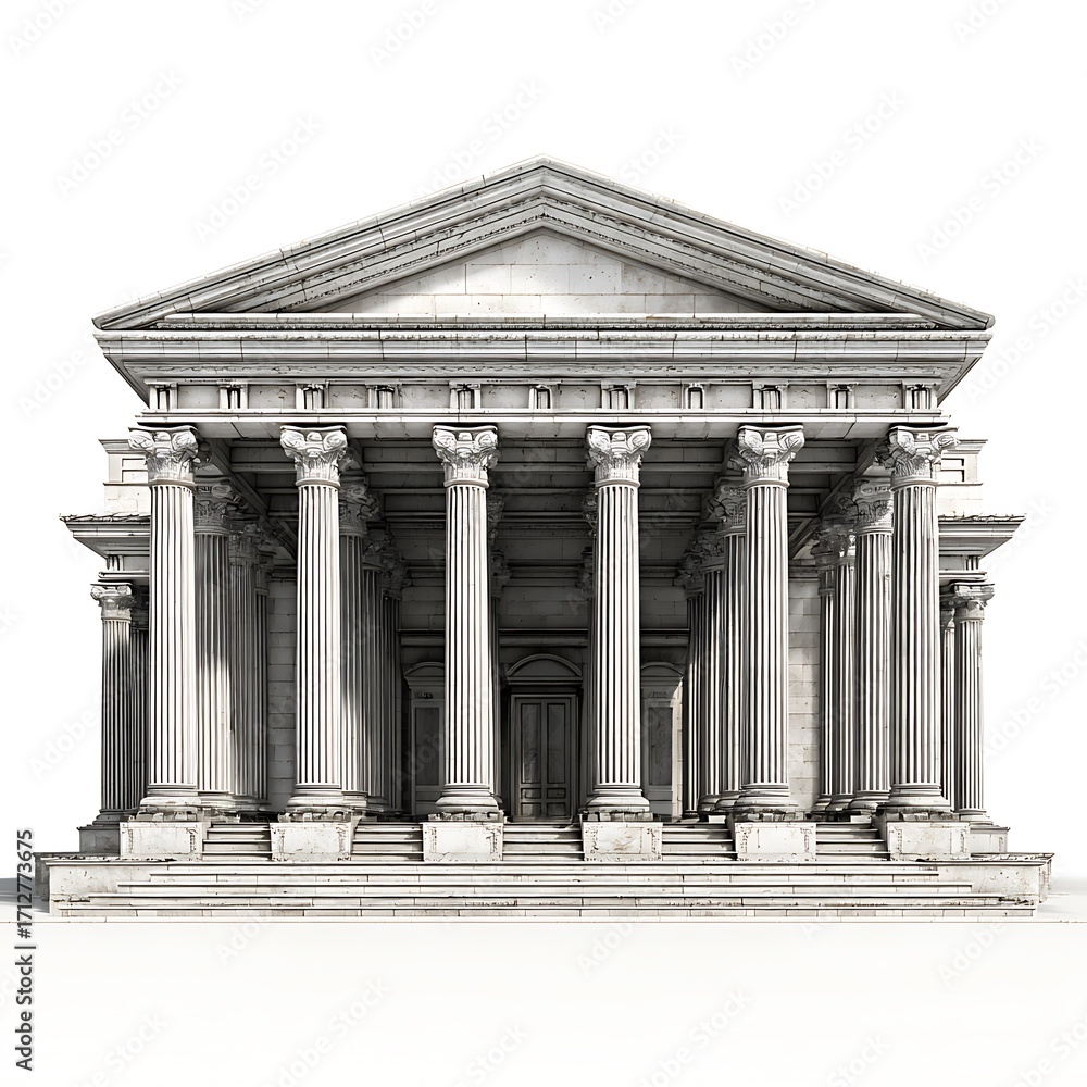 Obraz premium Classic greek temple architecture detailed drawing with ionic columns and pediment isolated on white background
