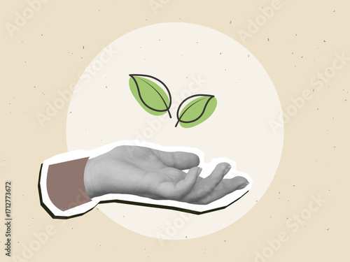 Two green leaves in a hand. Modern photo collage style. Vector illustration