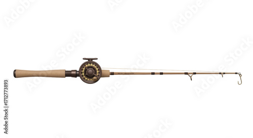 Isolated fly fishing rod with reel, handle, and line; perfect for outdoor sports or fishing trips