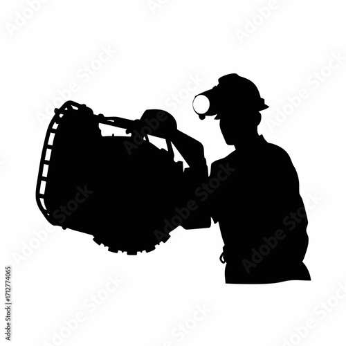 Operator in safety helmet and headlamp silhouette near tbm cutter head isolated on white background