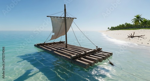 Wooden Raft Approaching Tropical Island Beach.