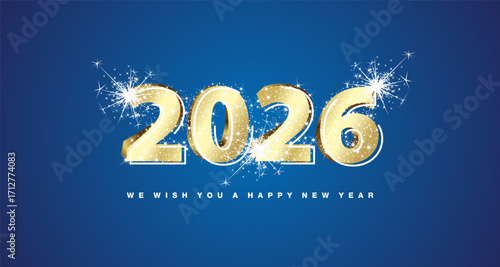 2026 3d New Year modern gold numbers logo concept design with stardust sparkle fireworks on blue background and with neon light line shaped numbers over all