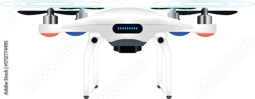Autonomous white drone with LED lights. Ideal for delivery services, product delivery, or transporting items. 3D vector. Transparent background. Artificial Intelligence. Robot. Isolated