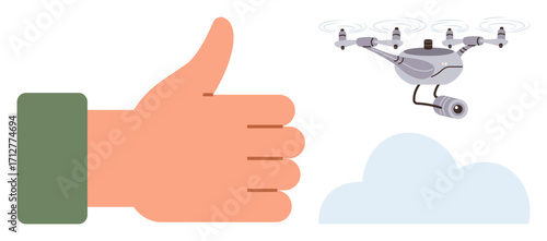 Hand giving a thumbs-up beside a flying quadcopter with camera over a soft cloud. Ideal for technology, approval, innovation, surveillance, modern gadgets, robotics, futuristic themes. Clean flat
