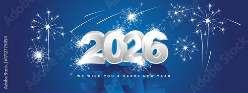 We wish you Happy New Year 2026. New modern 3d concept design. Chrome metal line white silver 3D 2026 with 2025 in shadows and stars sparkling fireworks on blue background