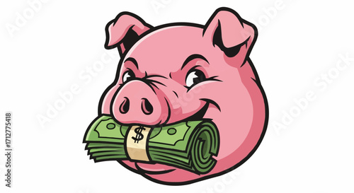 A cartoon illustration of a pink pigs head with a roll of us dollar bills in its mouth, isolated on a, symbolizing wealth and savings