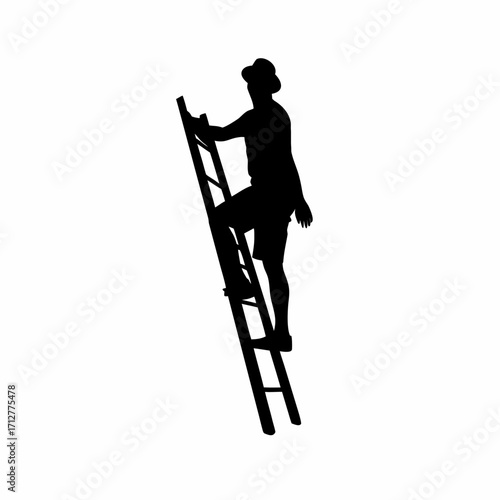 Silhouette of roofing installer climbing down ladder with empty hands isolated on white background