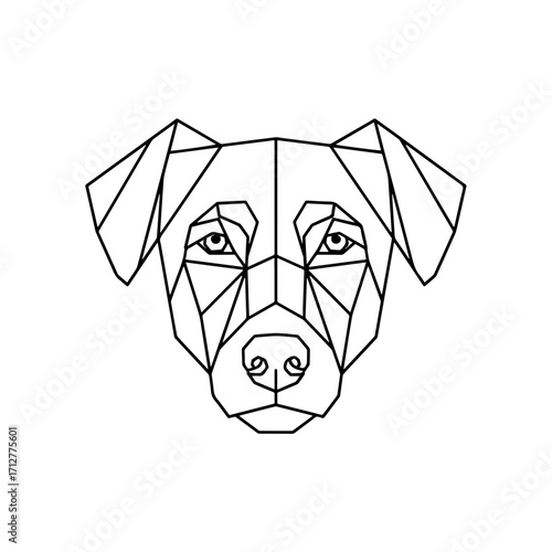 A modern, origami-inspired line art portrait of a dog's face, where sharp geometric facets converge to create a soulful and expressive gaze.