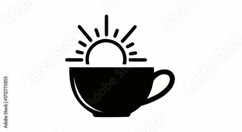 A minimalist black and white icon of a coffee cup with a sun rising behind it, representing the start of a new day and the energizing power of coffee