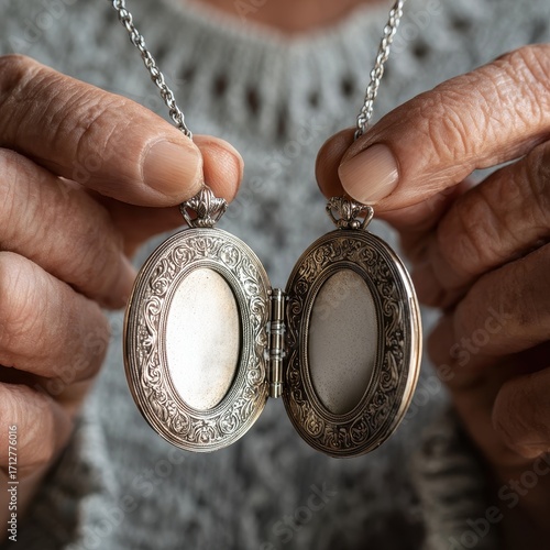 Elderly Hands Holding Open Ornate Silver Locket with Intricate Engravings