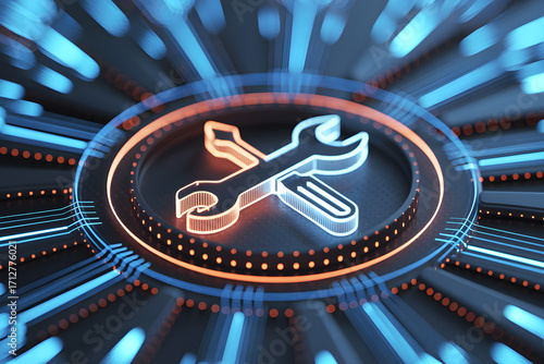 Glowing wrench and screwdriver icon on a futuristic circuit board representing technical support