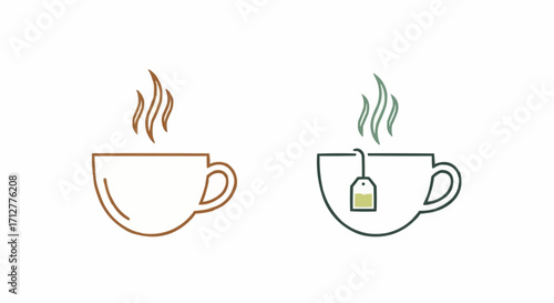 Two outline cups on a one with brown steam, the other with green tea bag steam