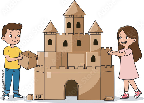 Happy children building block castle together, boy and girl playing with colorful toys, creative kids activity, teamwork, fun learning, childhood playtime