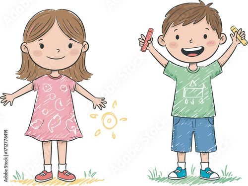 Cute children drawing with chalk outdoors, happy boy and girl playing together, creative kids activity, summer fun, childhood art, smiling faces