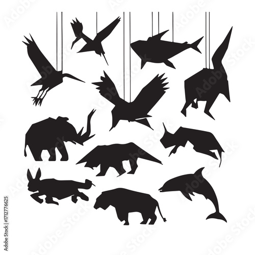 Black animal silhouettes hanging white bird