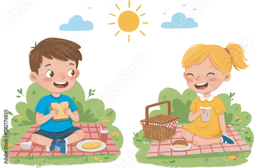 Happy children enjoying picnic outdoors, boy and girl eating lunch on blanket, summer fun activity, healthy food, nature, sunshine, smiling faces