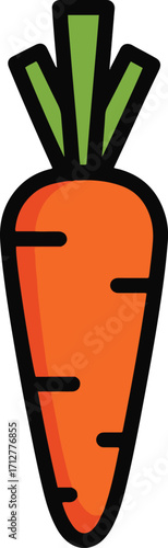 A vibrant, pixel art illustration of a single carrot, boasting a rich orange hue and crisp green top. The simple, bold design is perfect for digital projects.