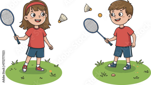 Happy children playing badminton outdoors, boy and girl with rackets enjoying fun sports activity, summer exercise, healthy lifestyle, teamwork, smiling faces