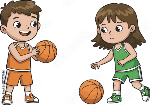 Happy children playing basketball together, boy and girl enjoying outdoor sports, kids dribbling and shooting ball, fun activity, fitness, teamwork, exercise