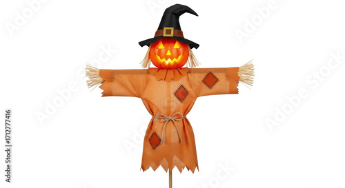 Isolated Scarecrow Figure with Pumpkin Head Wearing Witch Hat for Halloween Decoration