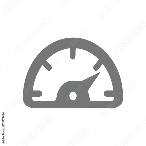 A minimalist gray speedometer or tachometer icon symbolizing fast performance, efficiency, and rapid progress. Dashboard gauge for measuring speed and acceleration data