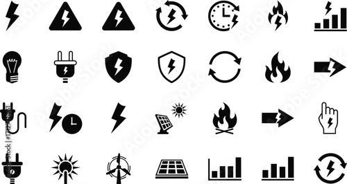 Collection of black icons representing energy, electricity, and renewable resources Keywords: energy, electricity, power