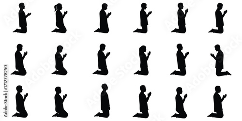 Collection of Black Silhouettes of People Kneeling in Prayer on White Background praying