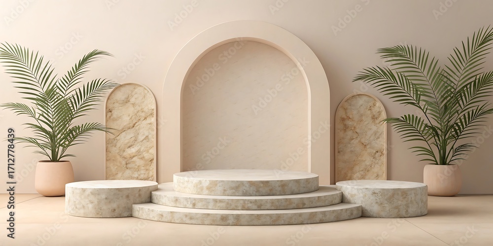 Fototapeta premium Tiered Stone Pedestal Stage with Arch and Potted Plants display platform