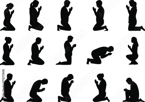 Collection of Black Silhouettes of People Kneeling in Prayer on White Background praying