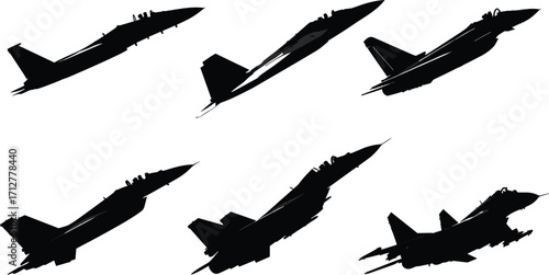 Fighter jet silhouette illustration set, military aircraft icons collection with modern warplanes, aviation design, combat planes, defense, aerospace vector
