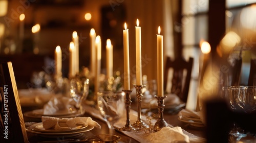 Elegant Candlelit Dinner Table Setting with Soft Warm Glow
