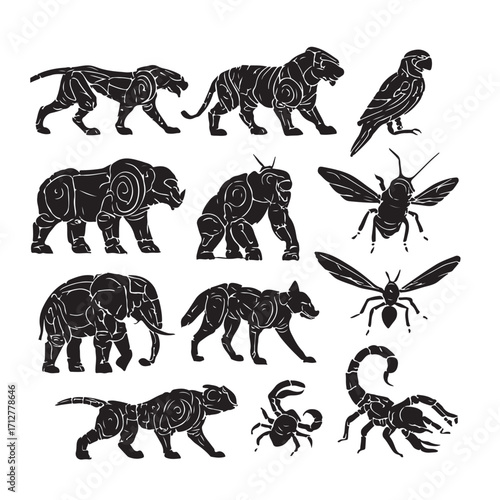 Stylized animal and insect silhouettes black white